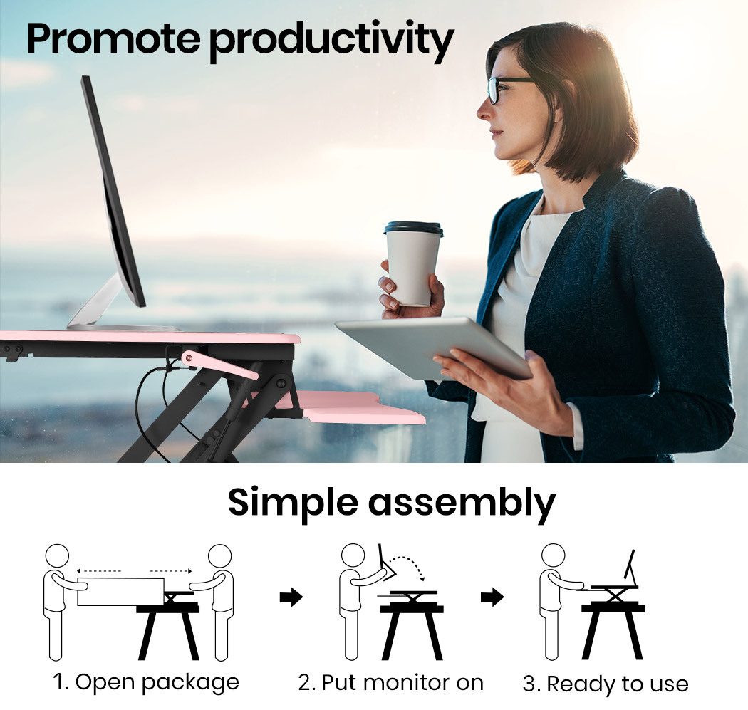 Fortia Desk Riser 90cm Wide Adjustable Sit to Stand for Dual Monitor, Keyboard, Laptop, Pink - Image 3