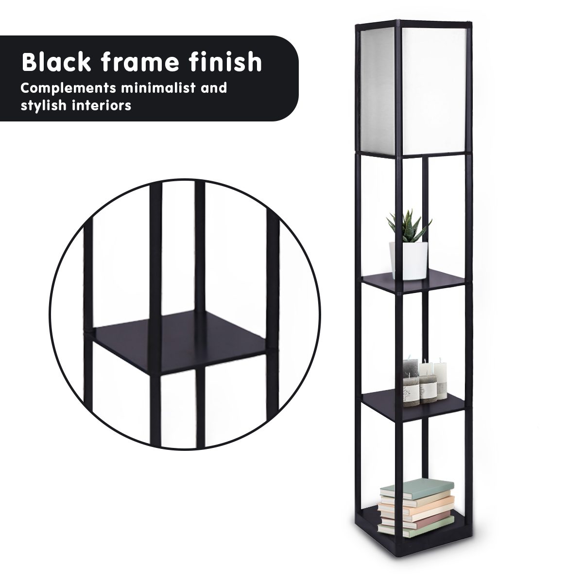 Sarantino Etagere Floor Lamp Shelves in Black Frame Fabric Shade - Image 3