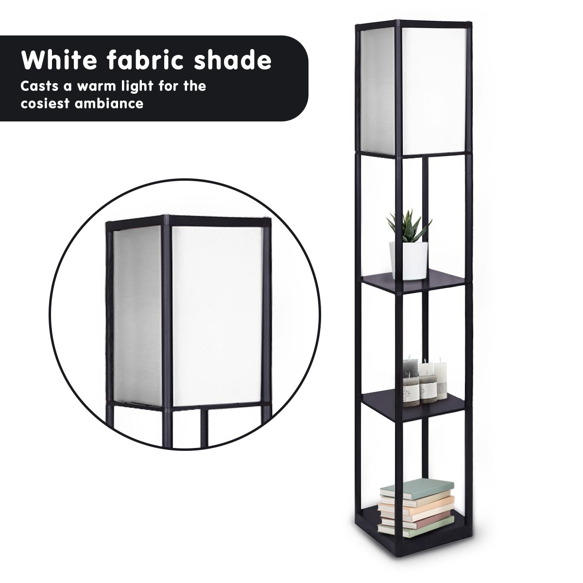 Sarantino Etagere Floor Lamp Shelves in Black Frame Fabric Shade - Image 4