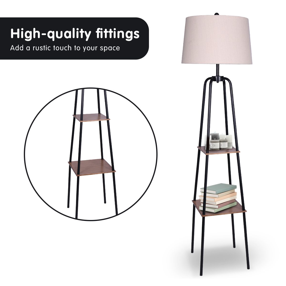 Sarantino Metal Etagere Floor Lamp Shade Metal Shelf in Wood Finish - Image 4