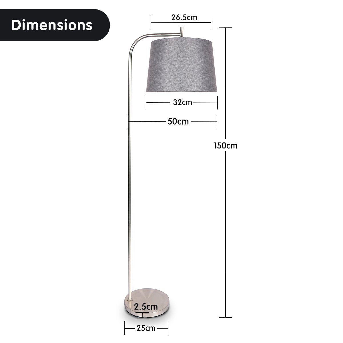 Sarantino Metal Task Floor Lamp Nickel Finish with Grey Fabric Shade - Image 2