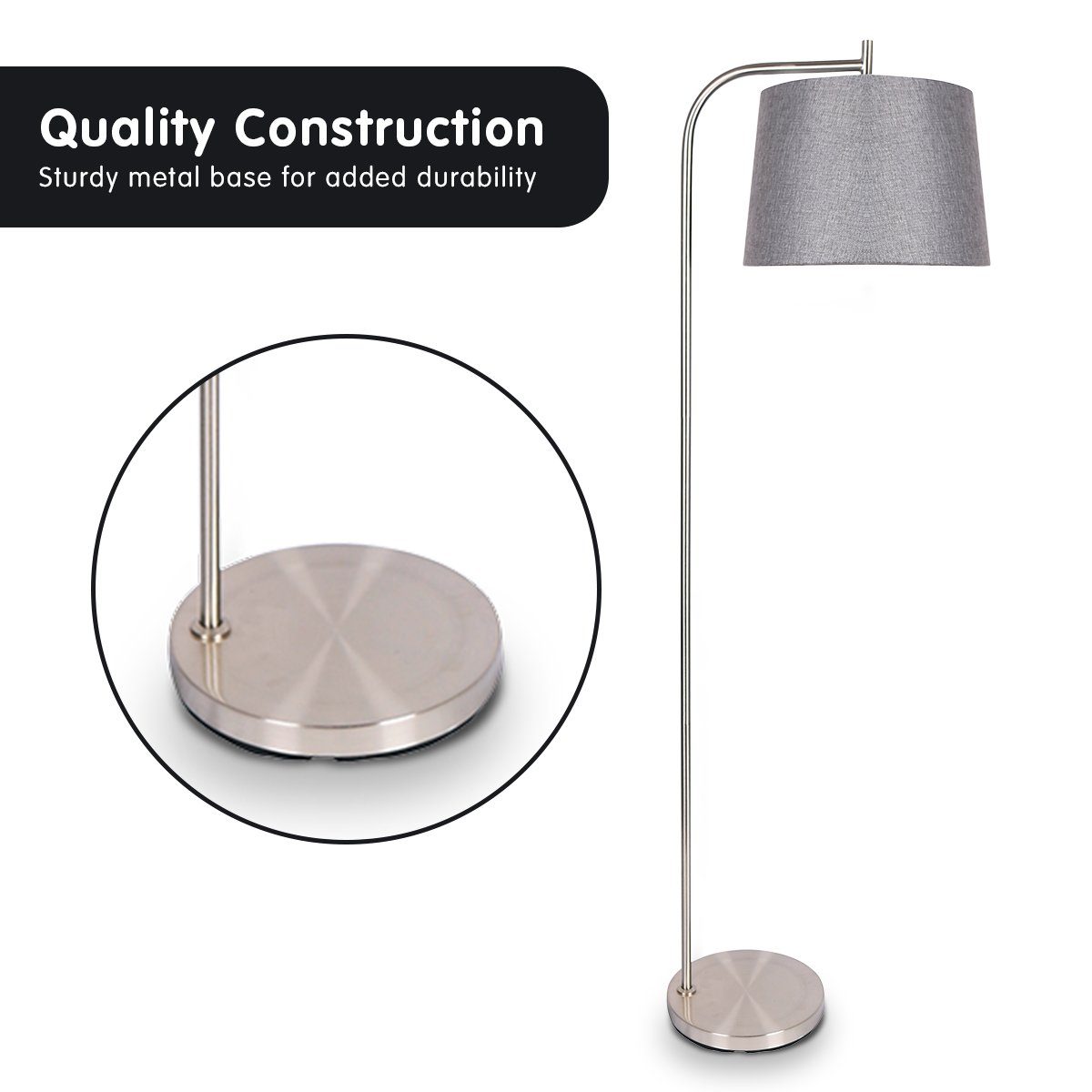 Sarantino Metal Task Floor Lamp Nickel Finish with Grey Fabric Shade - Image 4