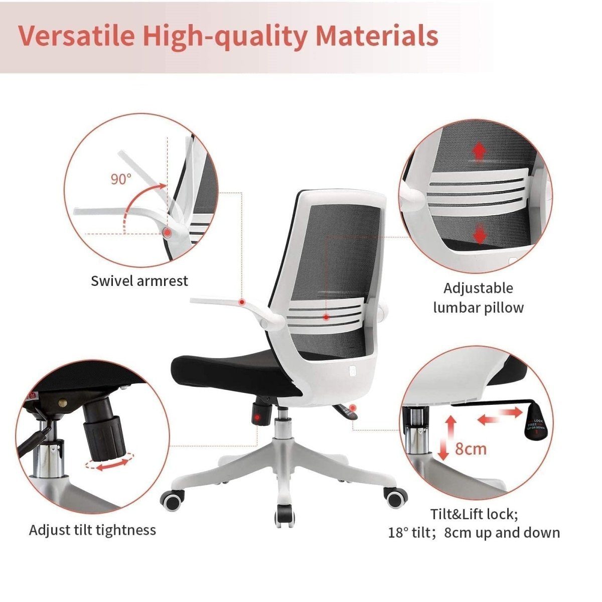 SIHOO M76 Ergonomic Office Chair Swivel Desk Chair Height Adjustable Mesh Back Computer Chair with Lumbar Support, 90° Flip-up Armrest Grey - Image 7