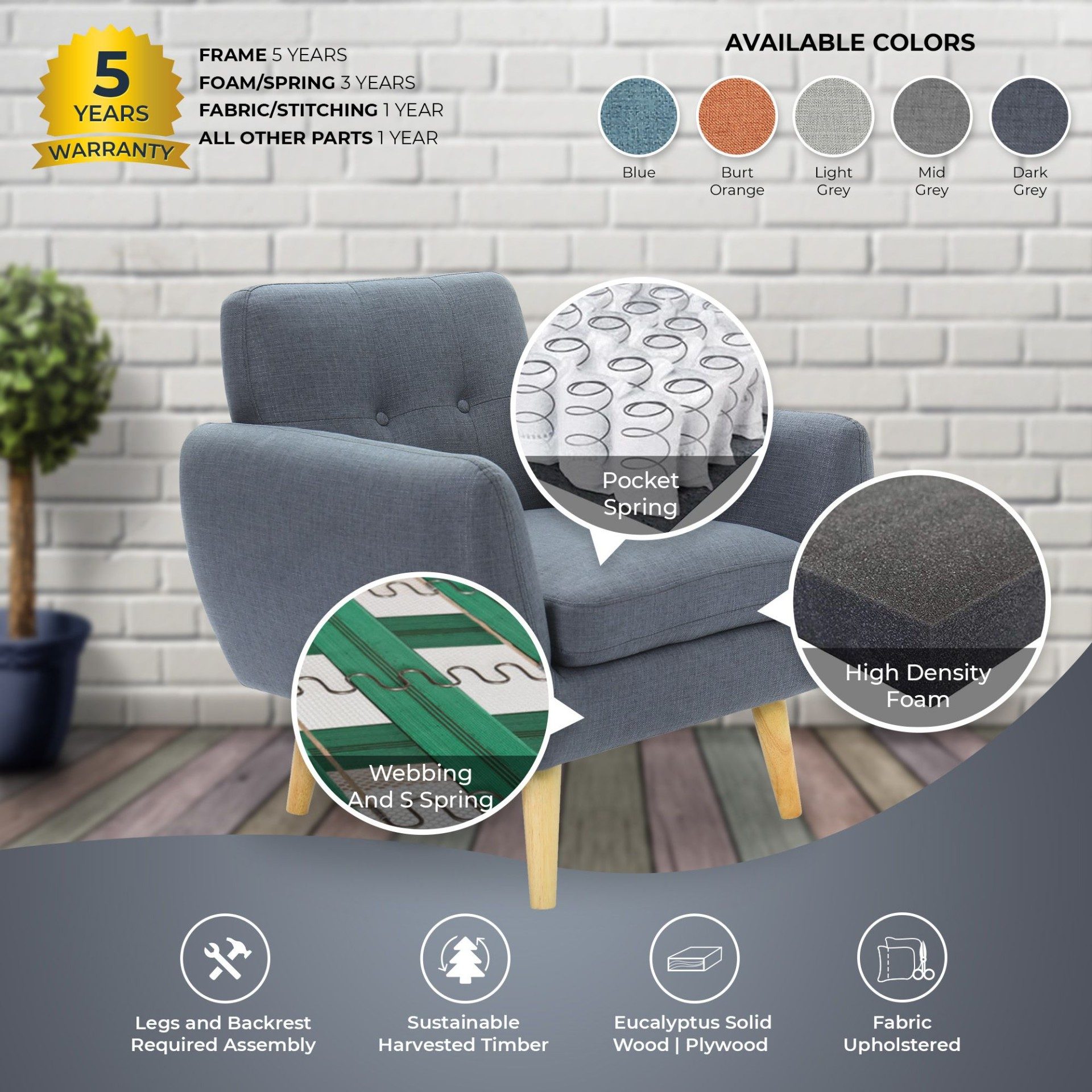 Dane Single Seater Fabric Upholstered Sofa Armchair Set of 2 - Dark Grey - Image 5