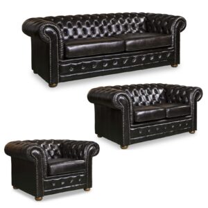 3+2+1 Seater Genuine Leather Upholstery Deep Quilting Pocket Spring Button Studding Sofa Lounge Set for Living Room Couch In Colour