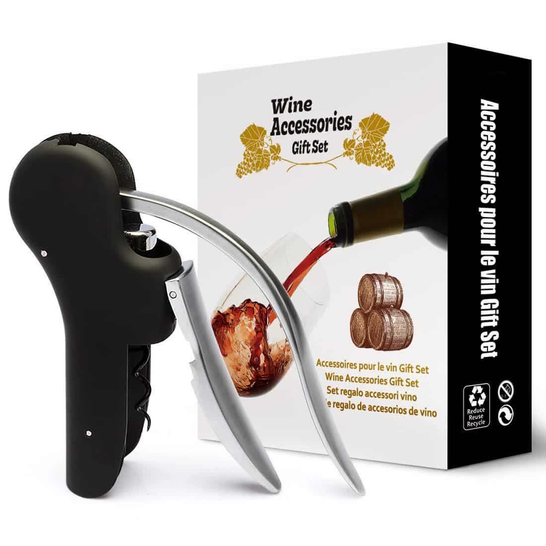 Black Ergonomic Lever-Action Corkscrew Wine Opener with Foil Cutter