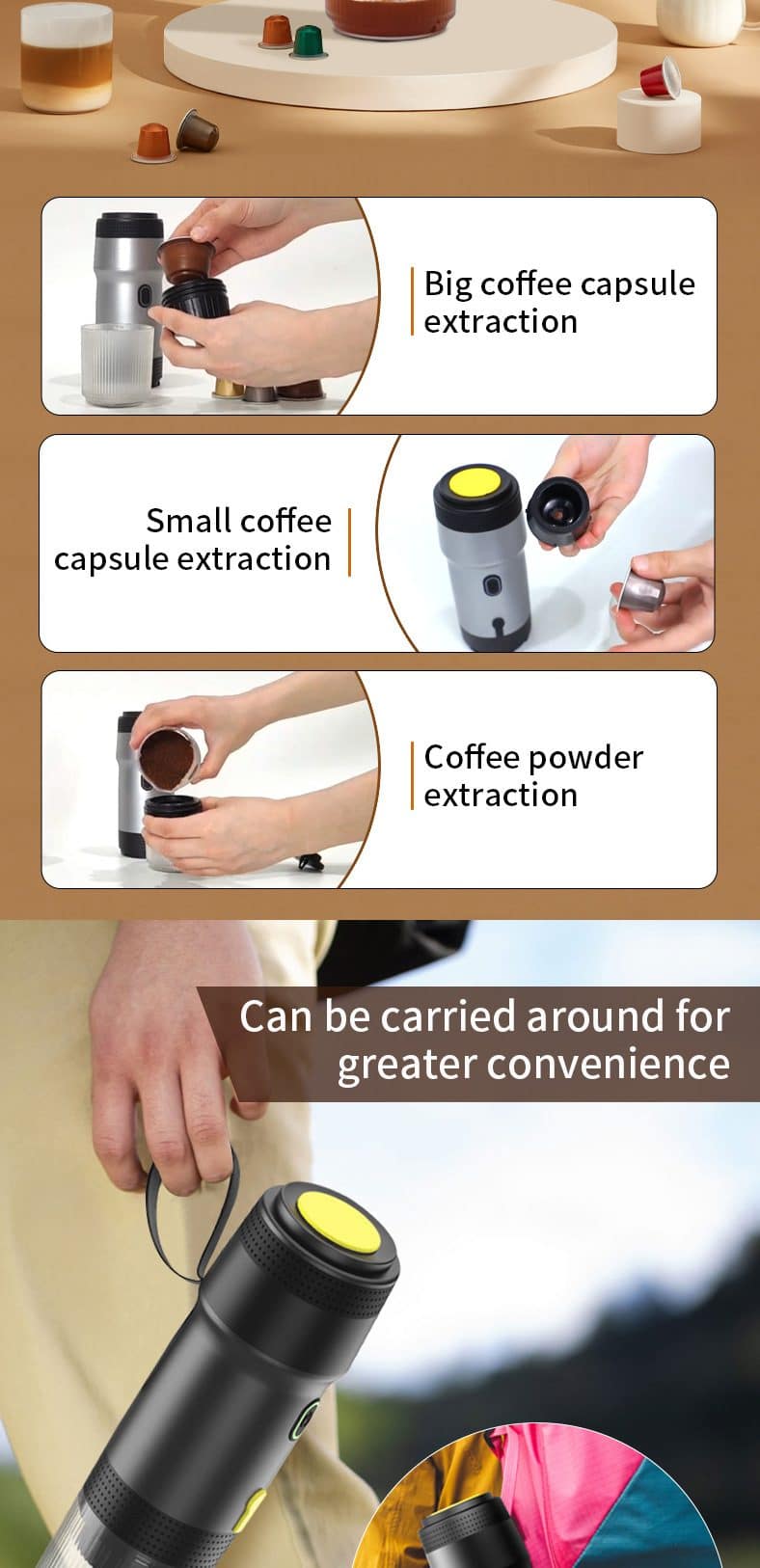 Black 3-in-1 Portable Electric Espresso Maker - Rechargeable Travel Coffee Machine for Capsules & Ground Coffee - Image 5