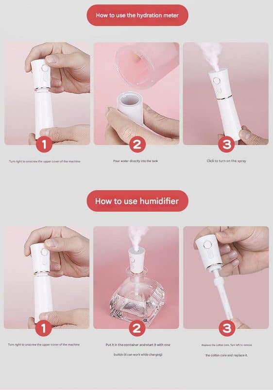 Red 2 in 1 Cool Mist Humidifier and Facial Moisturizer - USB Rechargeable Portable Nano Sprayer - Image 6