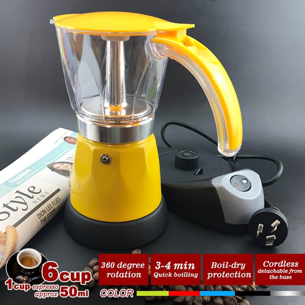 Yellow Electric Moka Coffee Maker Espresso Machine Italian Classic 6 Cups Auto Power - Image 2