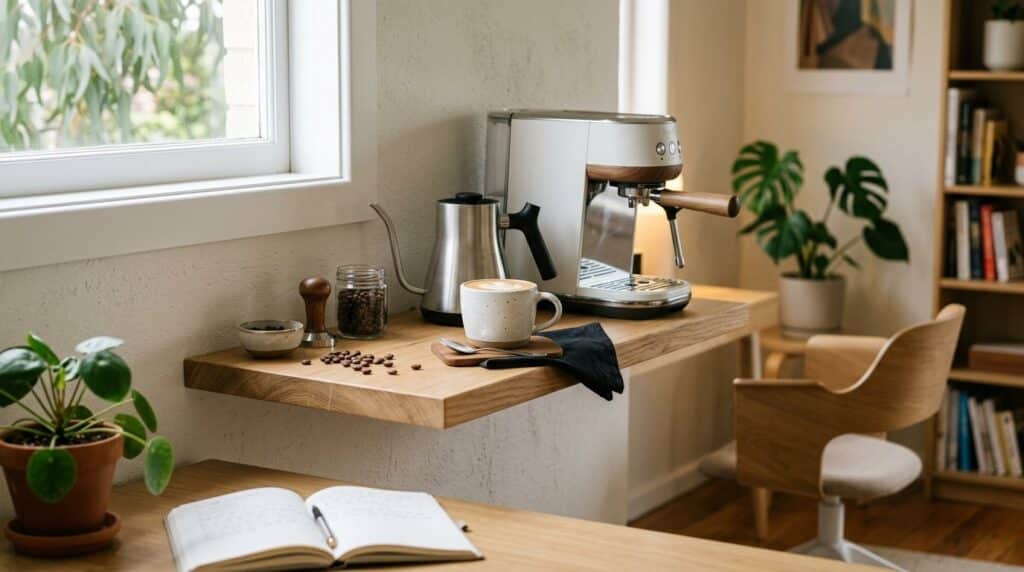 Compact home office coffee station with a stainless steel kettle and espresso machine on a timber shelf