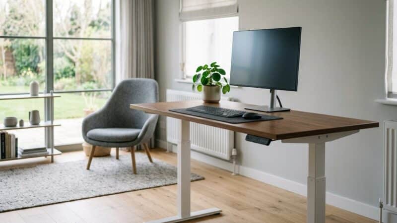 Height-adjustable sit-stand desk with a walnut top raised to standing height in a bright home office
