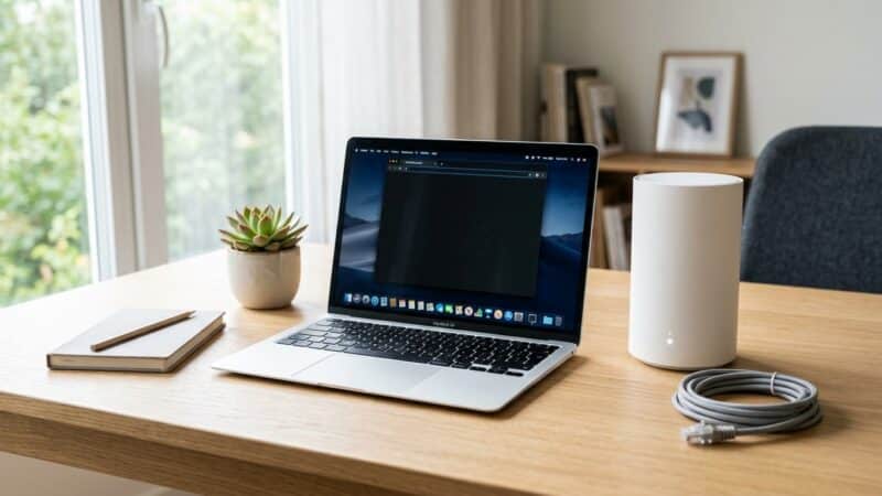 Home office desk with a laptop and a Wi-Fi router connected by an ethernet cable